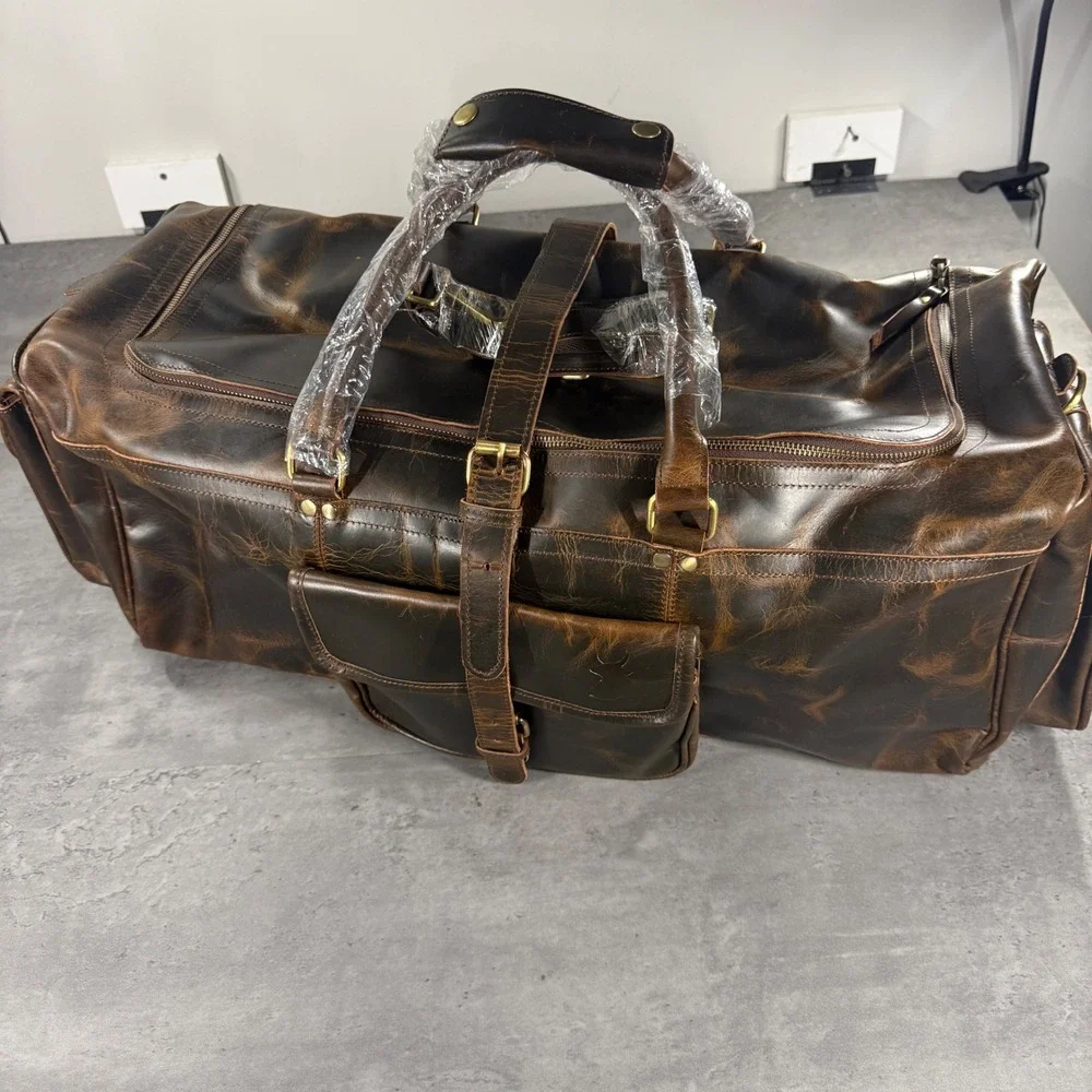 The Leather Farm Duffel Bag Mens Large Brown Leather Weekender Travel Luggage